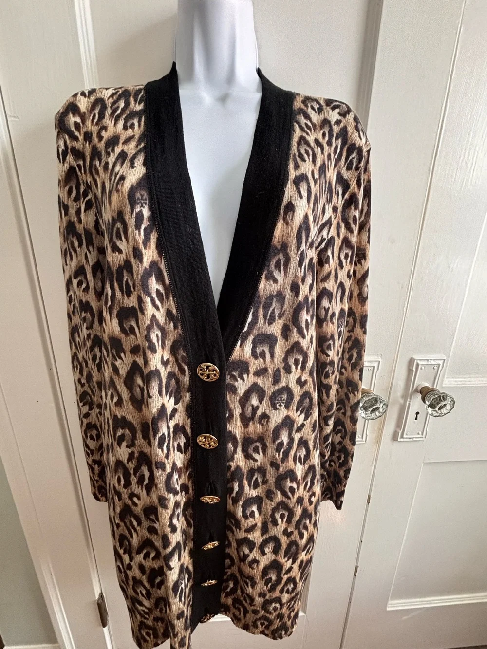 Tory Burch Leopard Print Cardigan Gold Logo Buttons Size M